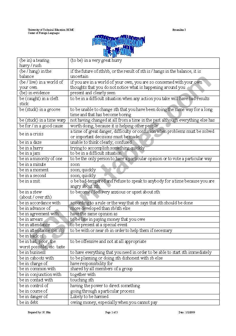 Preposition collocation - BE + IN + NOUN