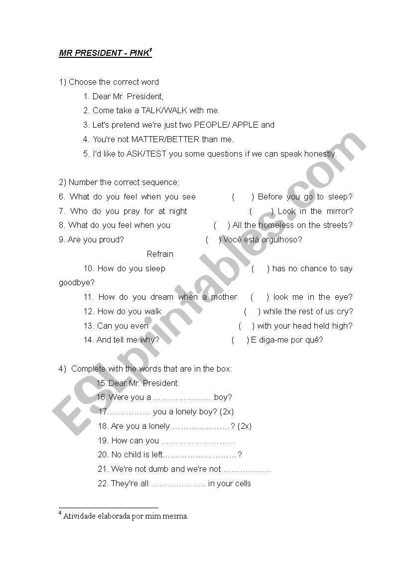 Song: Mr President worksheet