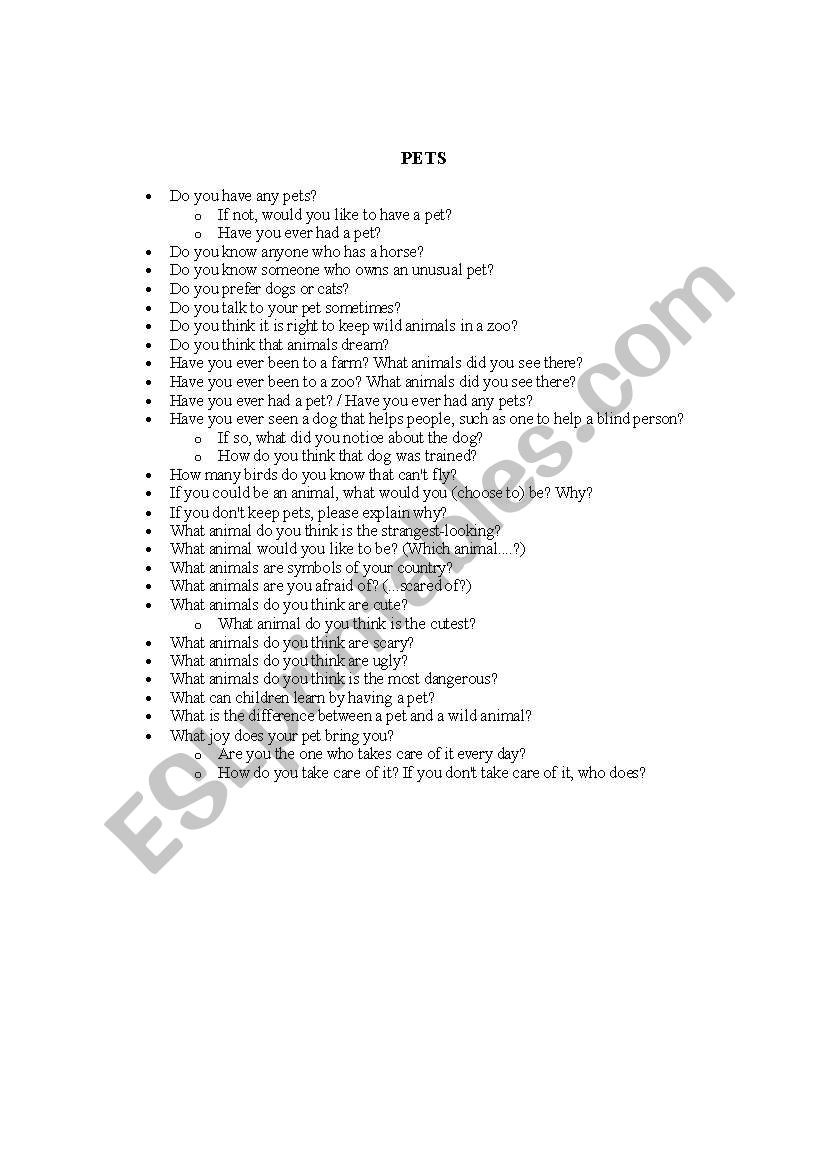 Conversation questions on pets and farm animals