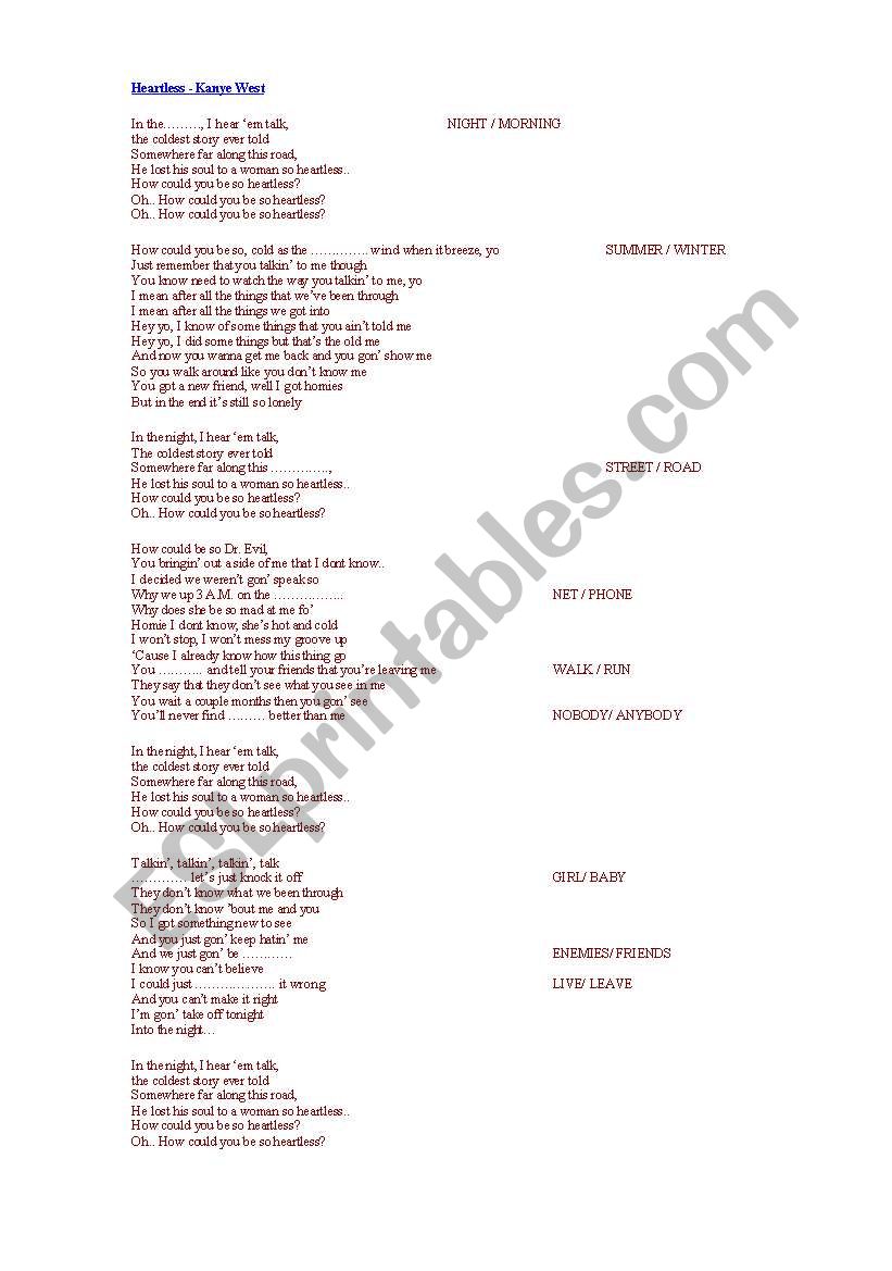 Heartless by Kanye West worksheet