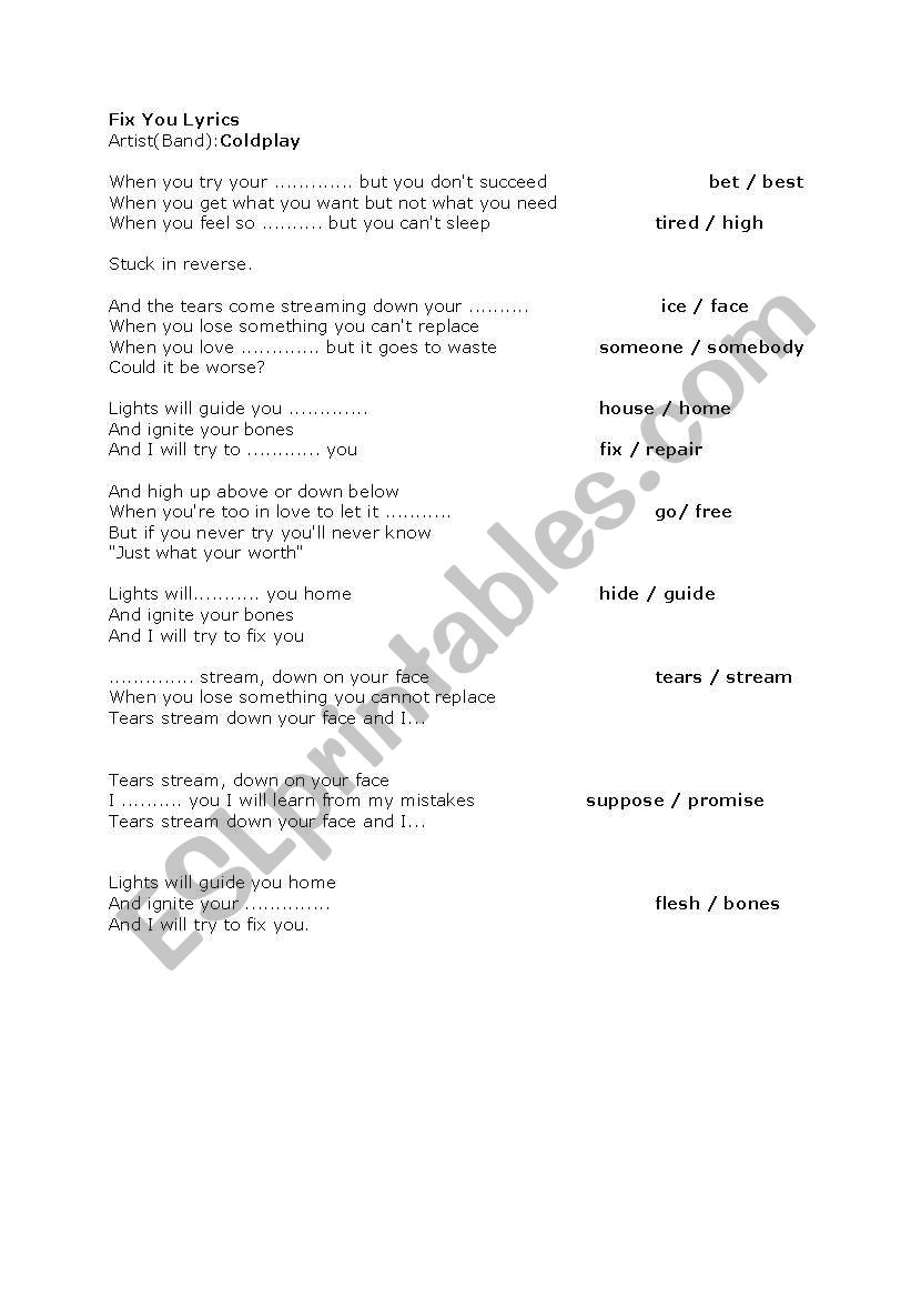 Fix You by Cold Play worksheet