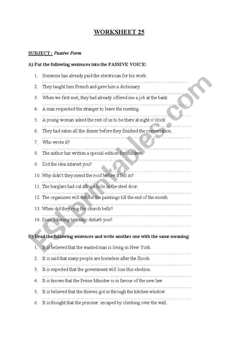 Paasive Voice worksheet