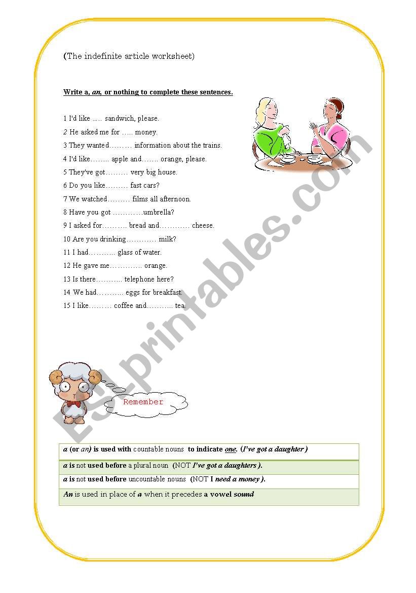 Indefinite article worksheet