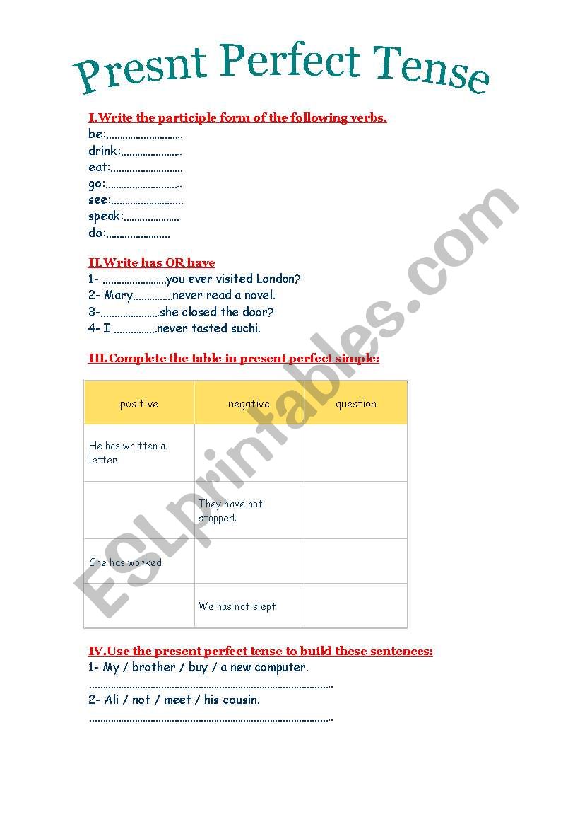 present perfect worksheet