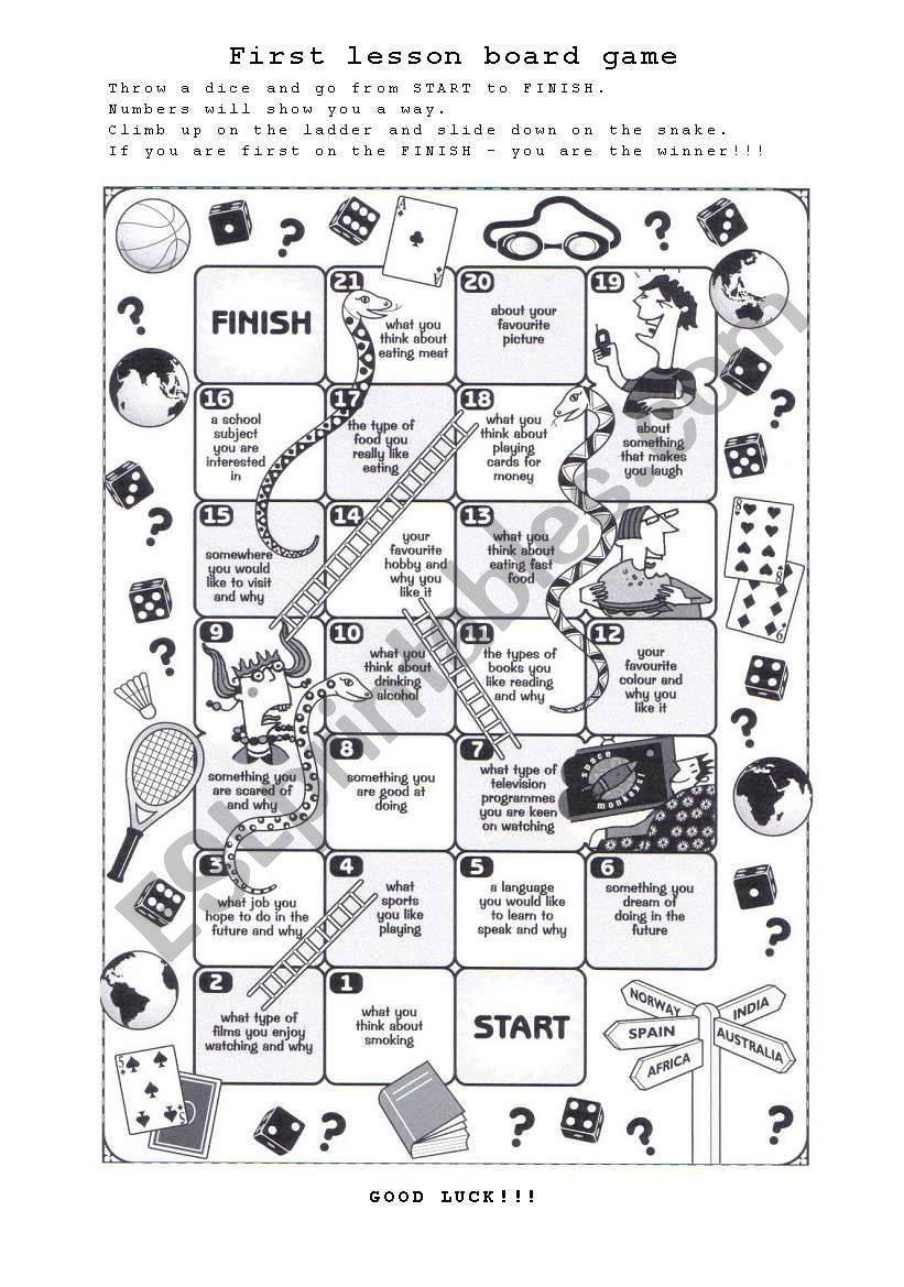 First lesson board game worksheet