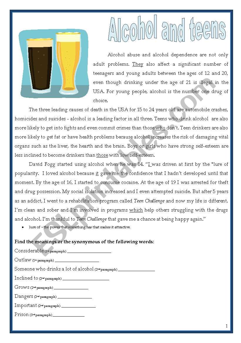 Alcohol and teens worksheet