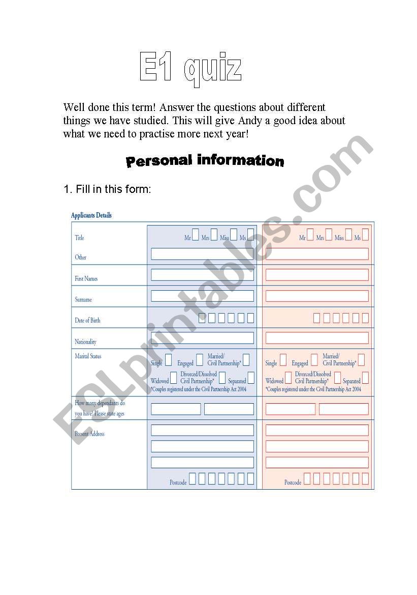 ESOL quiz lots of topics  worksheet