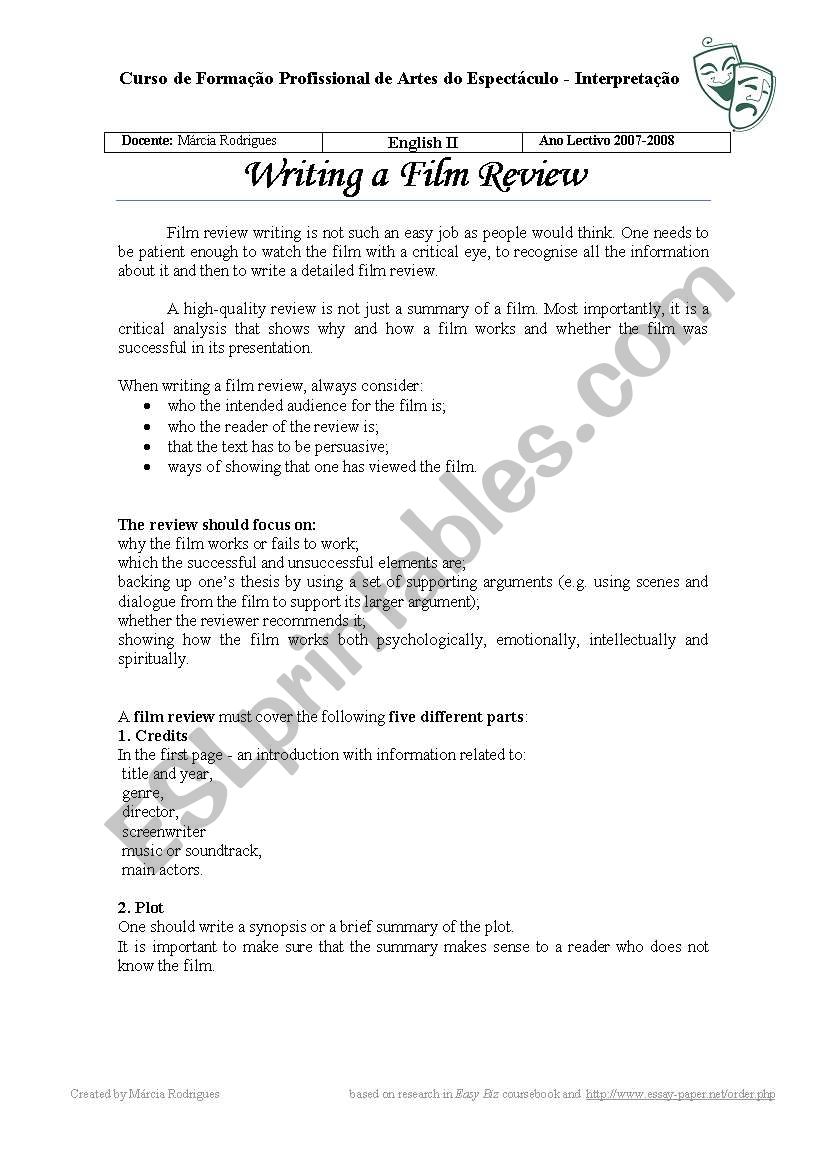 Writing a film review worksheet