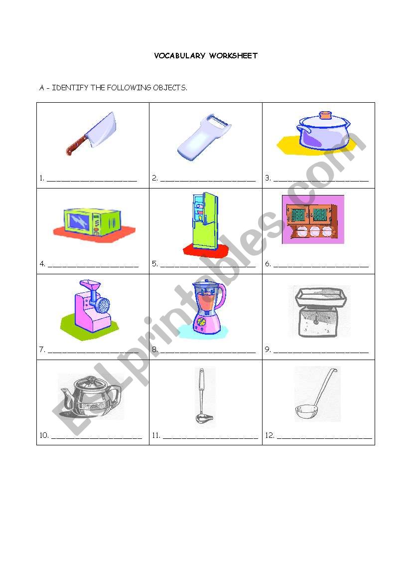 Kitchen equipment worksheet