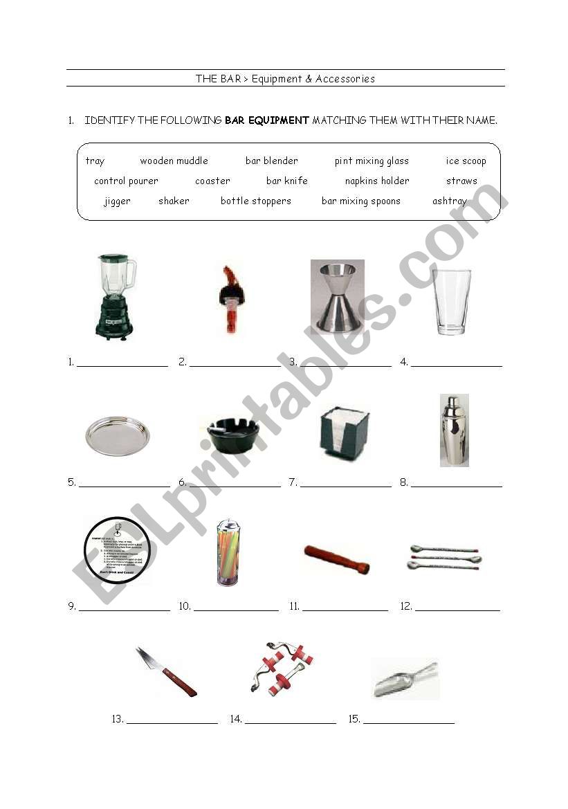 bar equipment worksheet