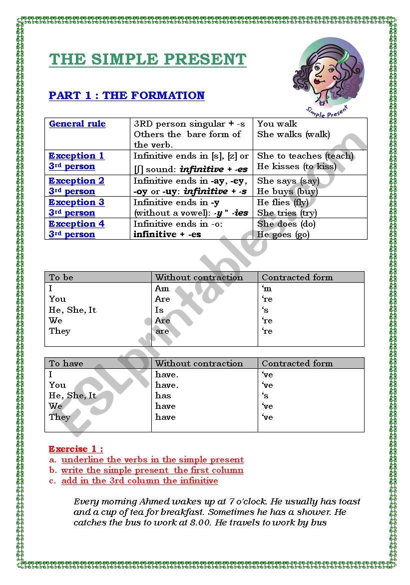 The simple present -  form - use - exercises (8 pages) + answers