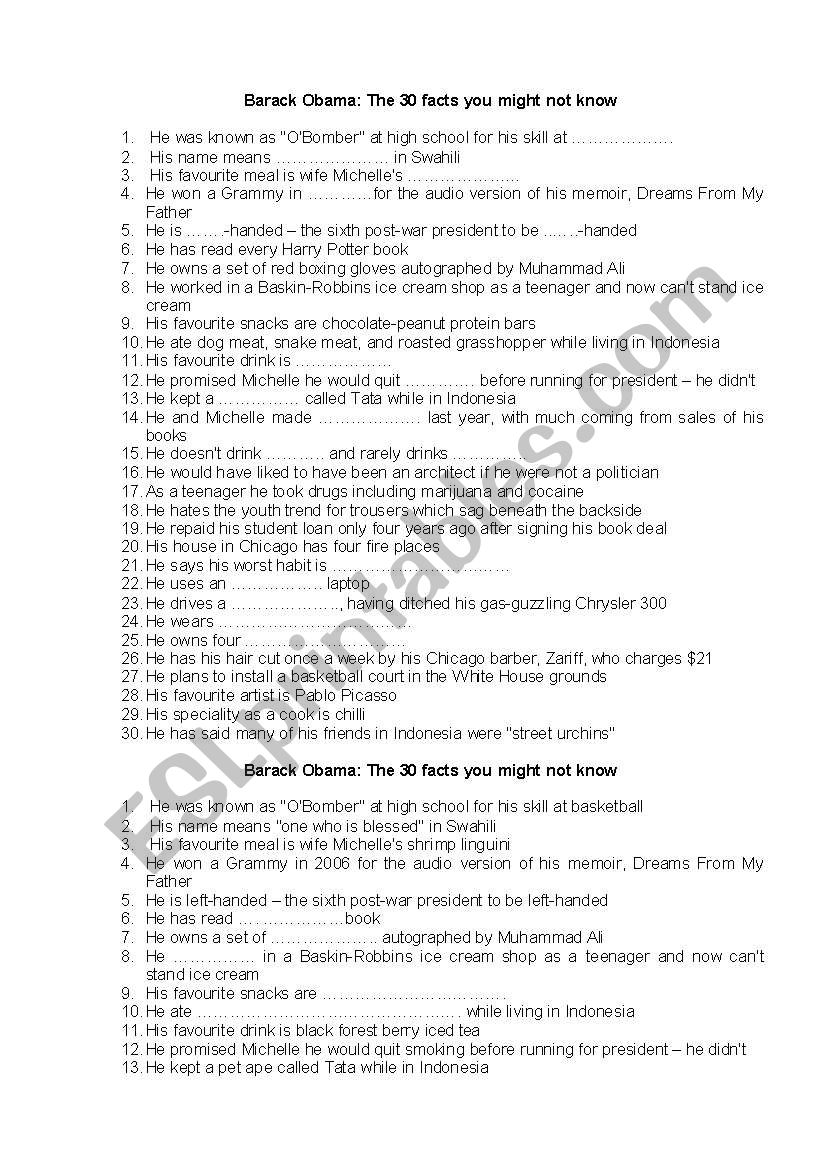 Facts about Barrack Obama worksheet