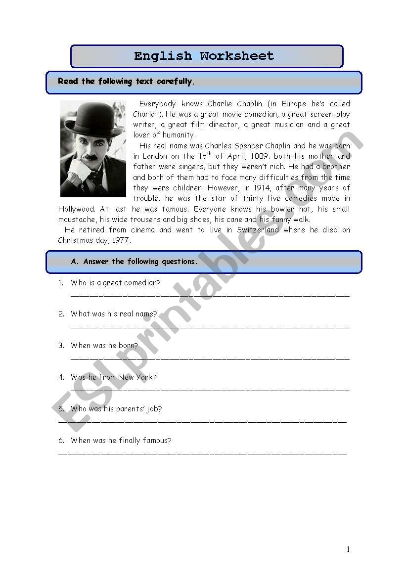 Charlie Chaplin test worksheet
