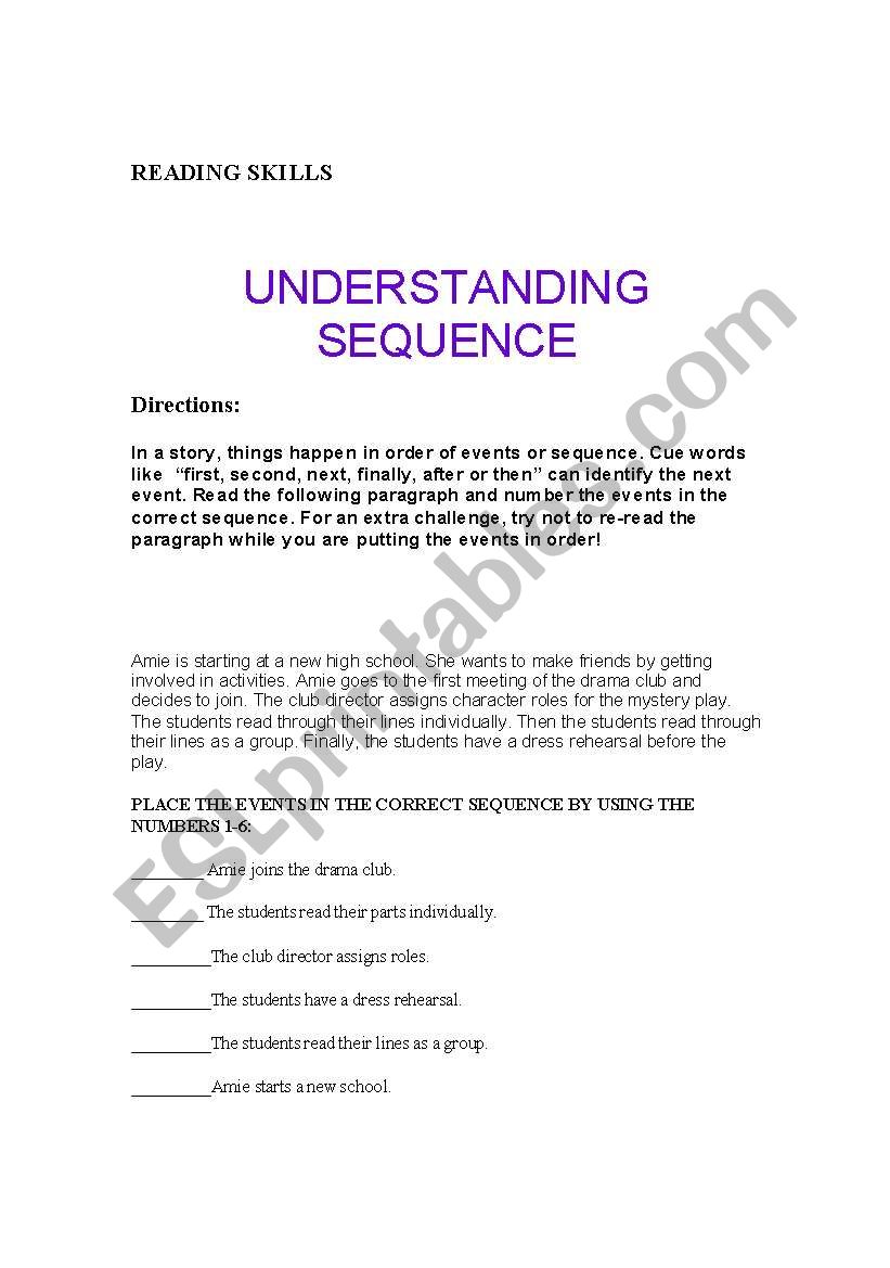 Reading-Sequencing of events worksheet