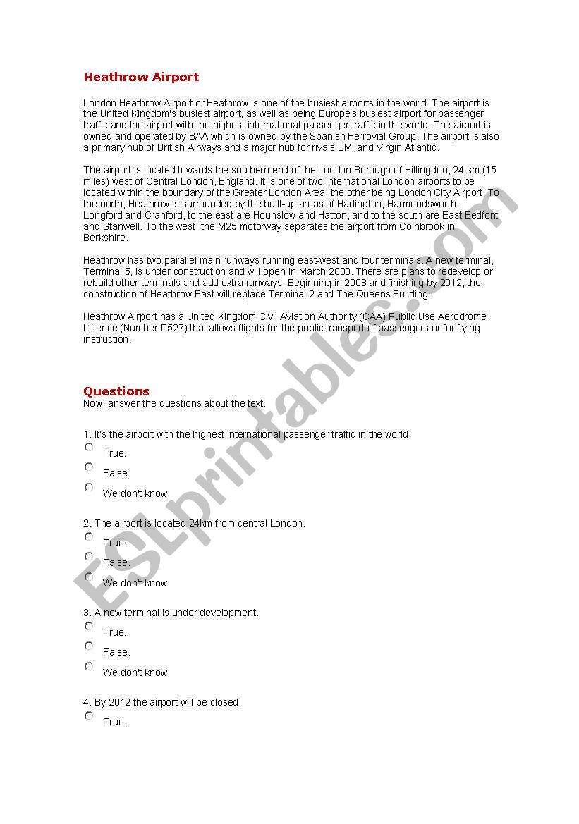 Heathrow Airport worksheet