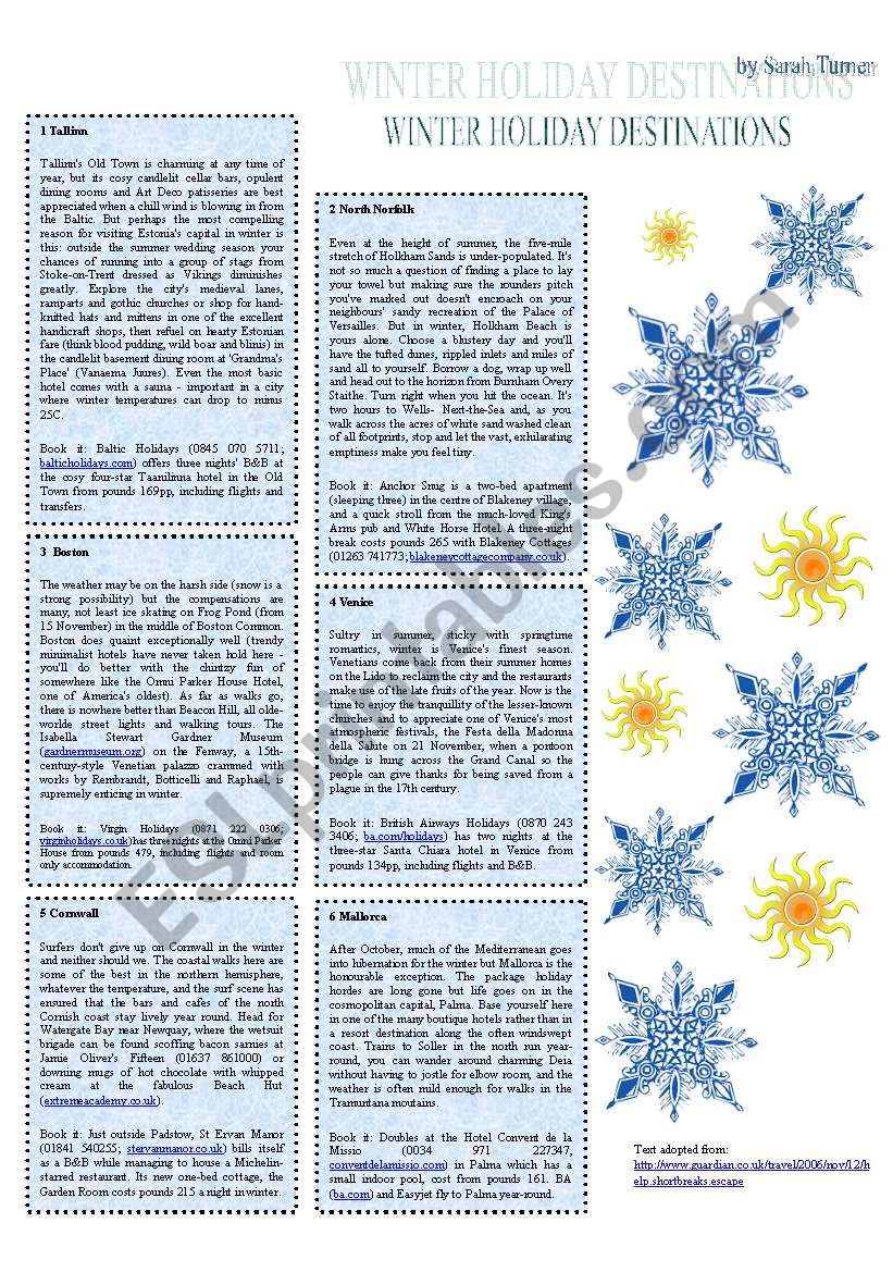 Winter holiday destinations worksheet