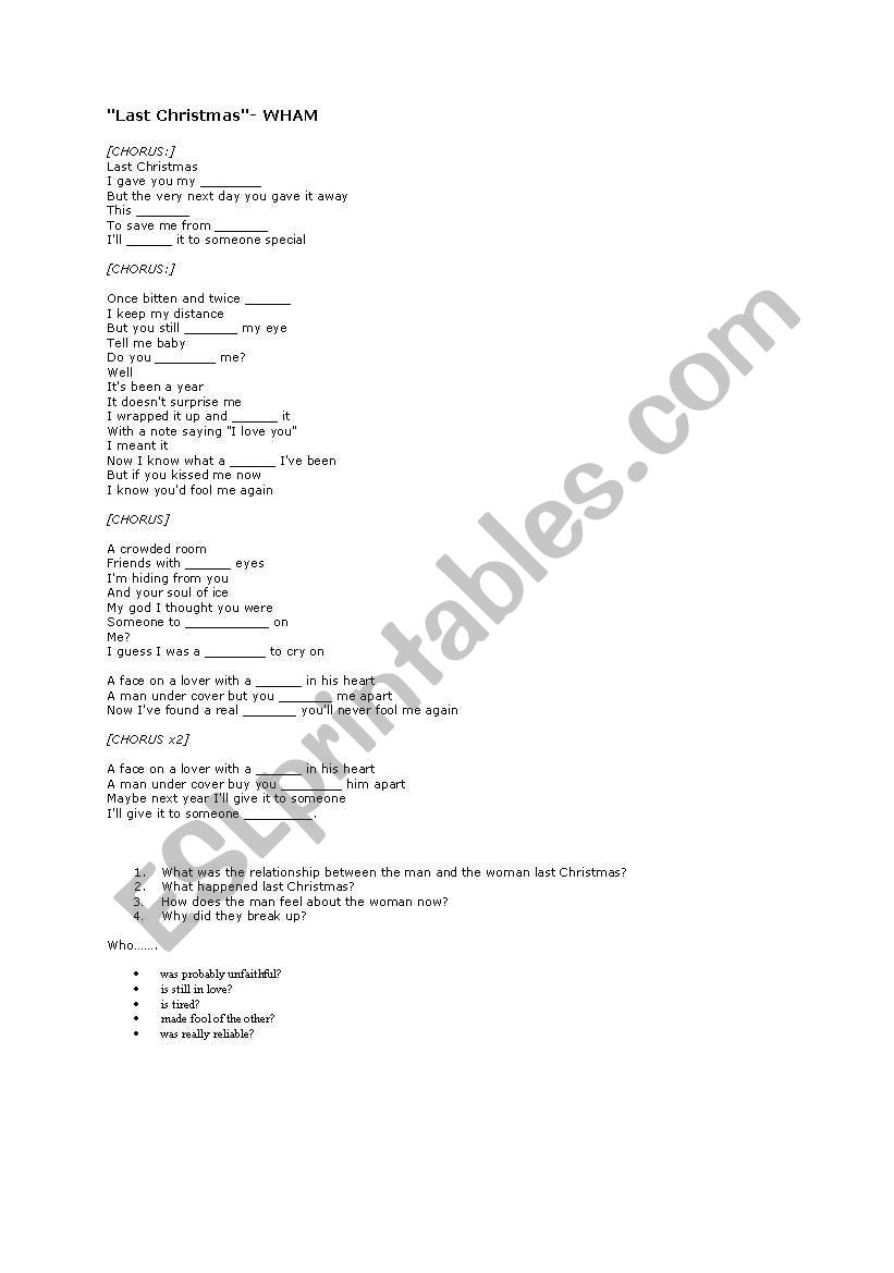 wham-last christmas worksheet