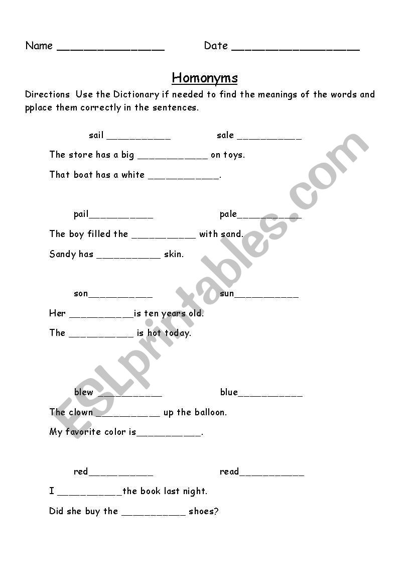 Homonyms worksheet