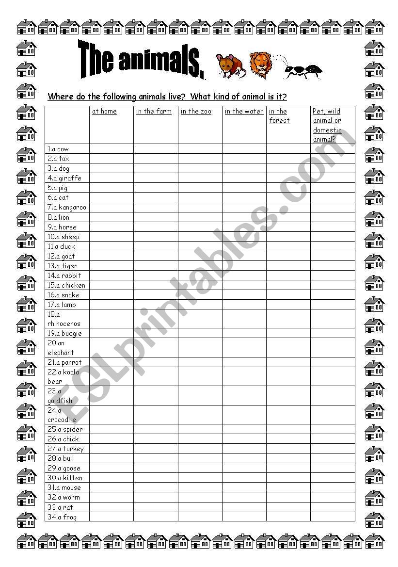 The animals worksheet