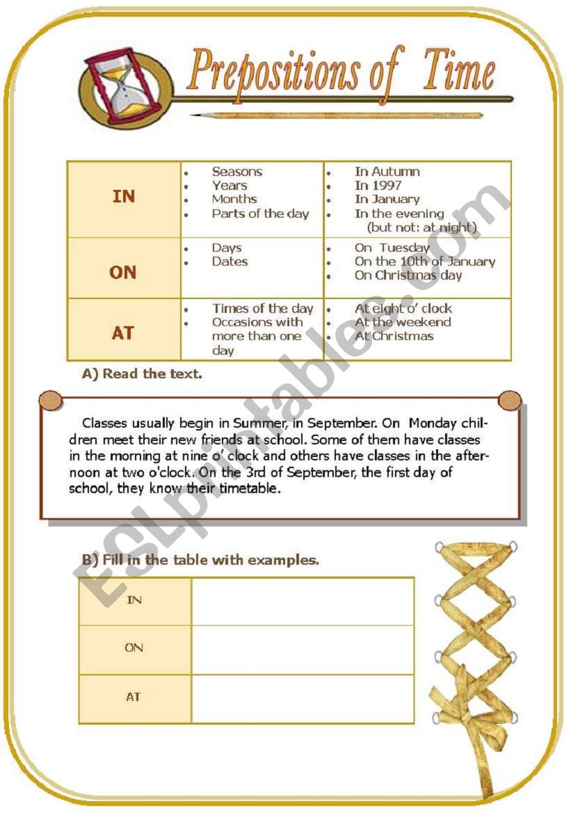 Prepositions of time worksheet