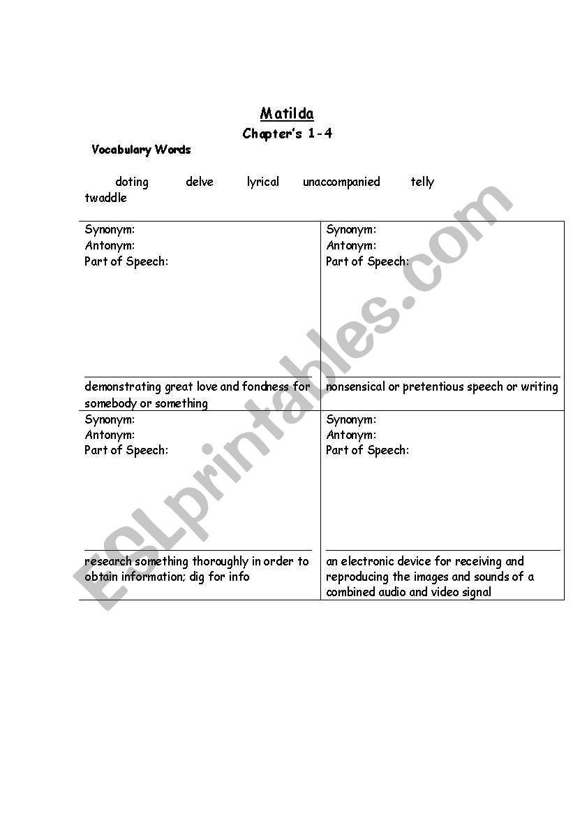 Matilda Unit Chs 1-4 worksheet