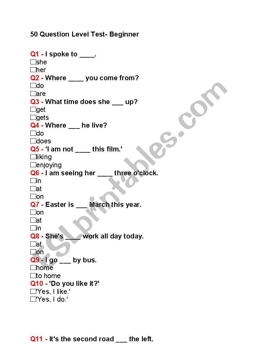 Beginner general test worksheet