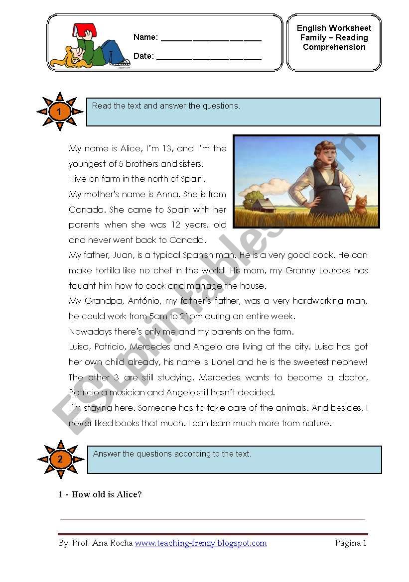 Family worksheet- reading compreenshion