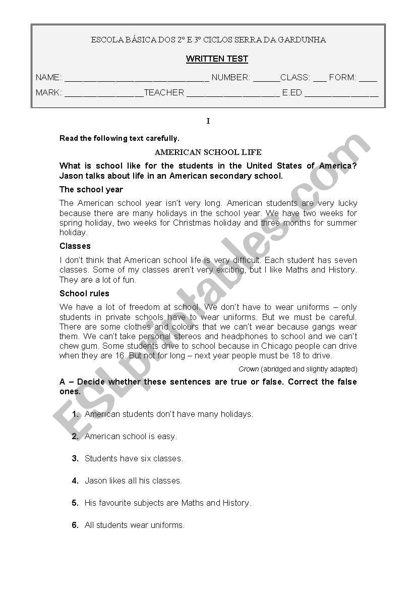 TESTabout SCHOOL-7th grade worksheet