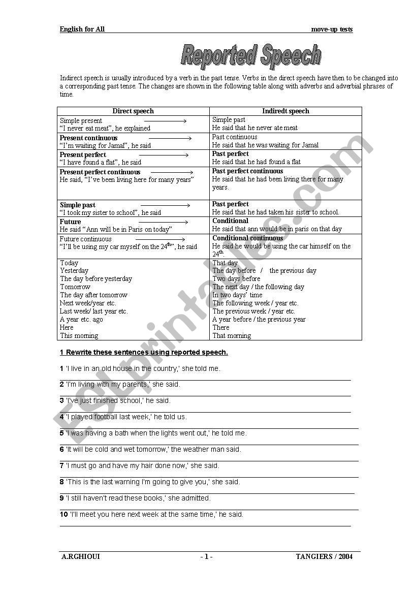 reported speech worksheet