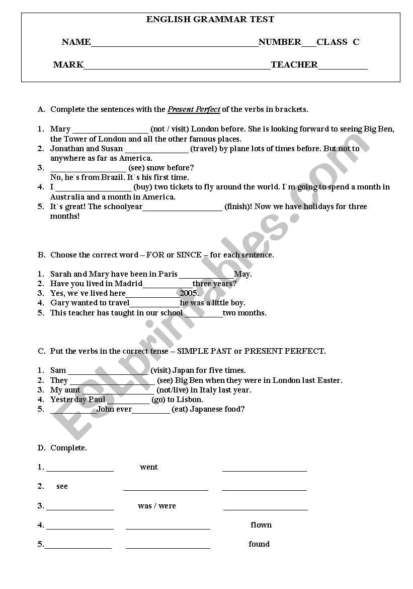 English grammar test worksheet