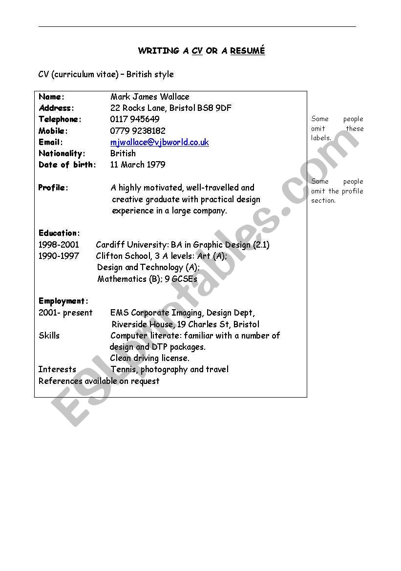 Curriculum Vitae worksheet