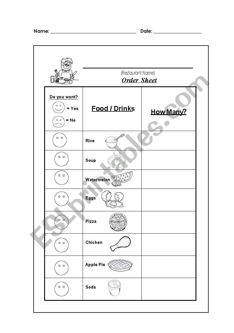 Food Vocabulary (restaurant order sheet)
