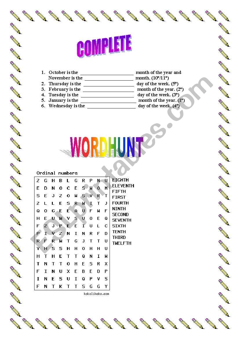 Ordinal numbers worksheet