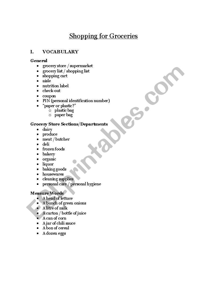 Shopping for Groceries - Vocab and Sentence Patterns