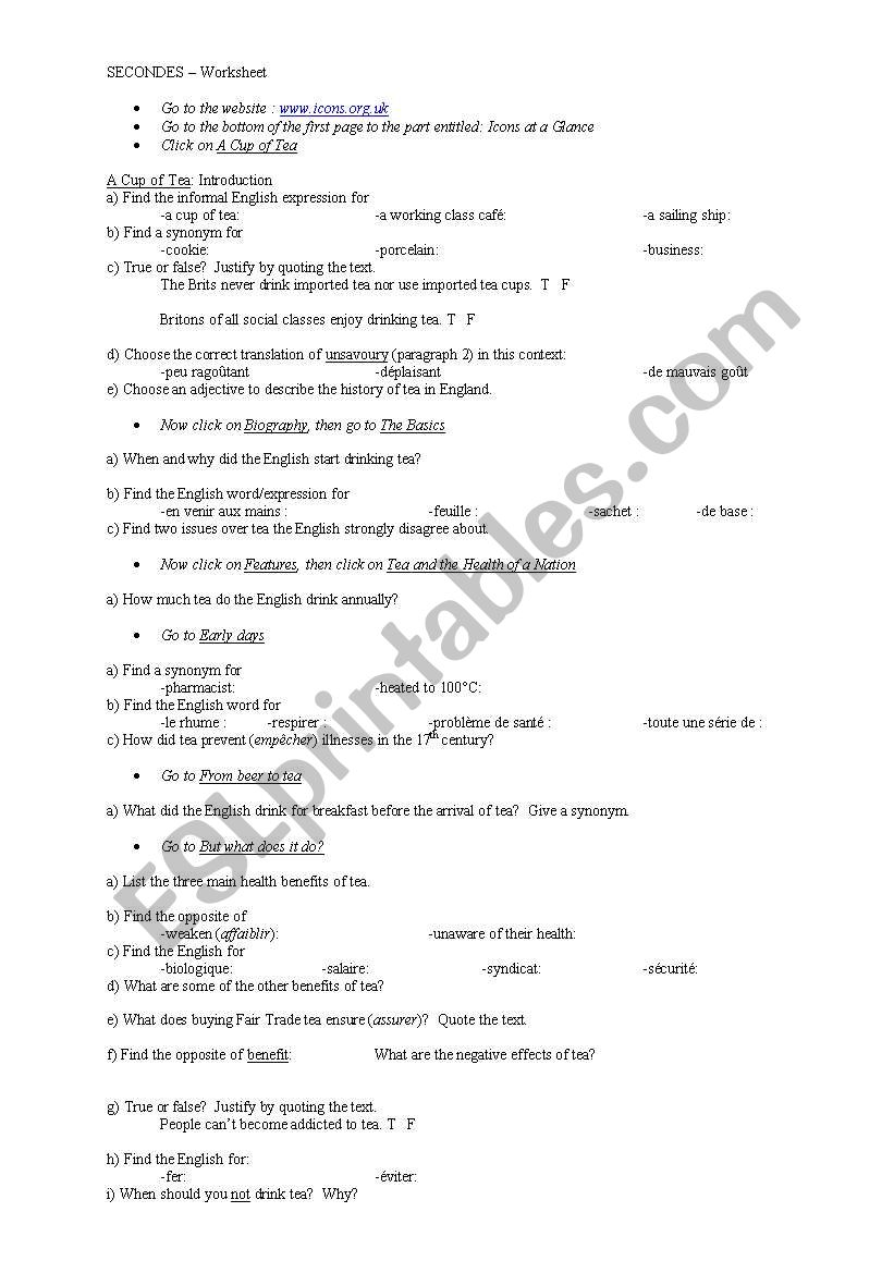 A Cup of Tea worksheet