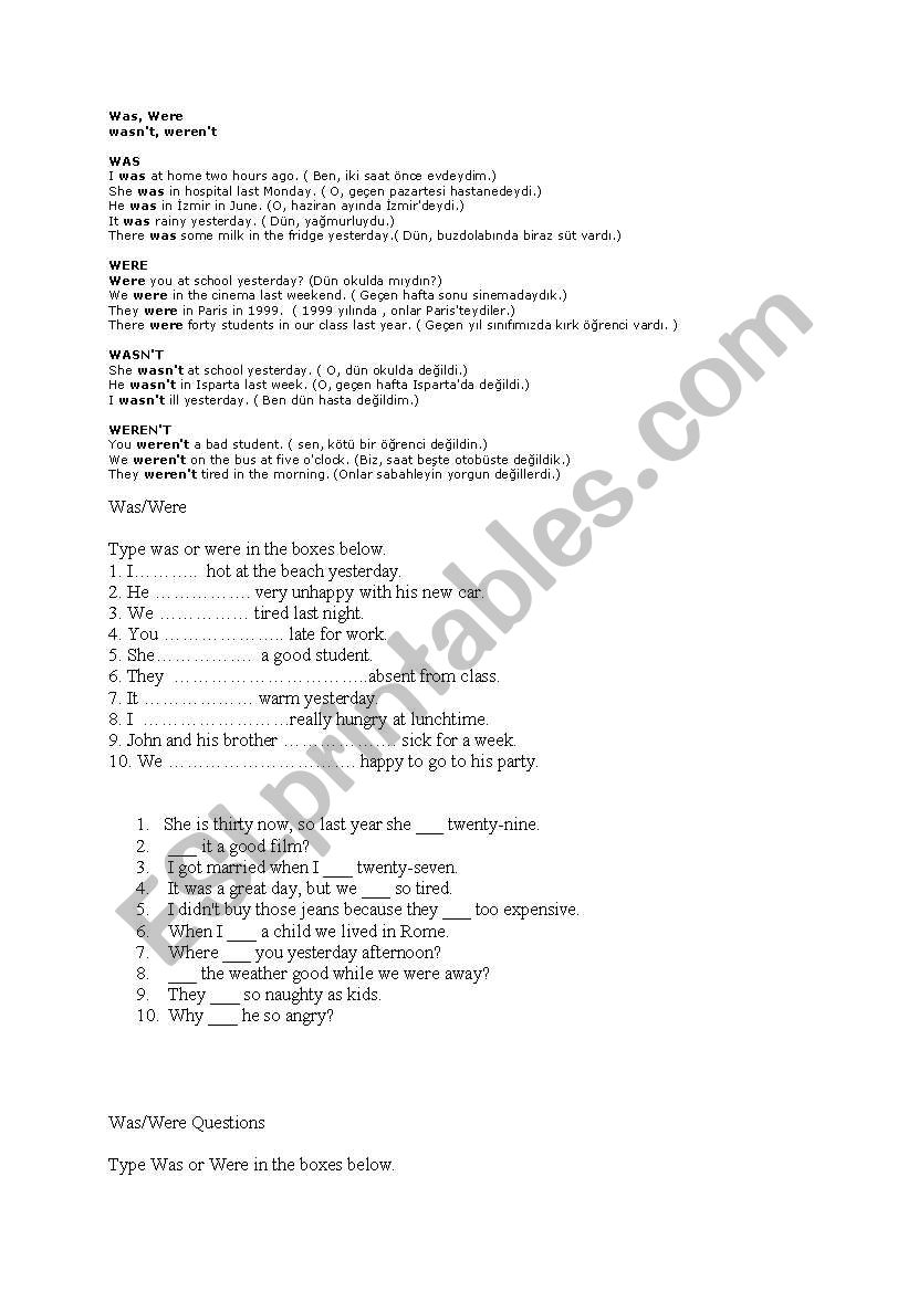 was-were worksheet