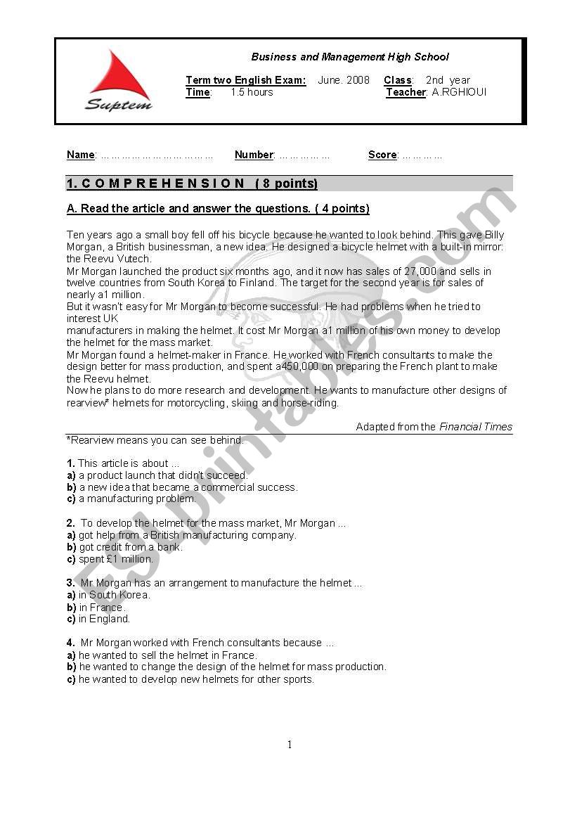 business english test worksheet