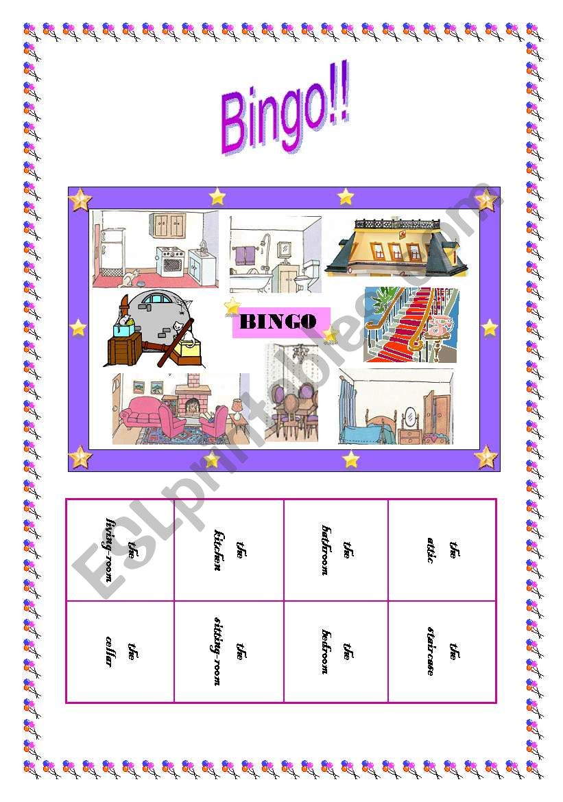 Bingo game about the rooms of a house