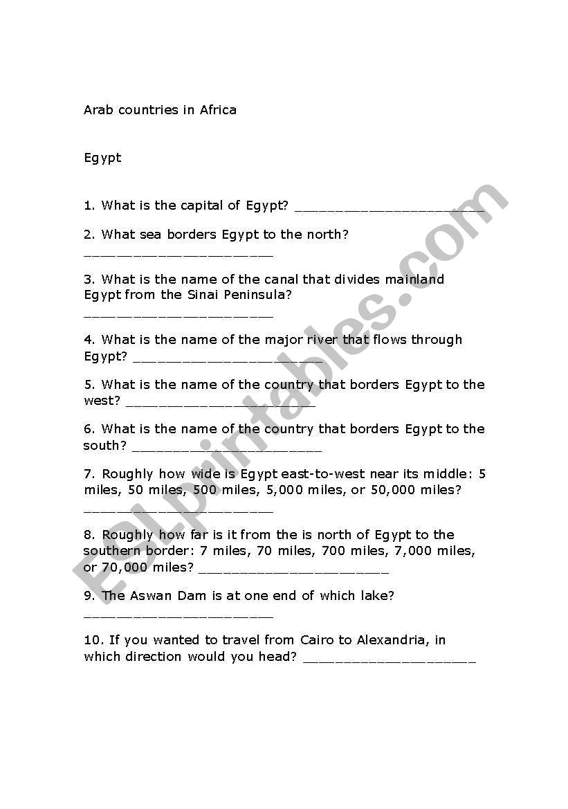 Arab countries in Africa worksheet