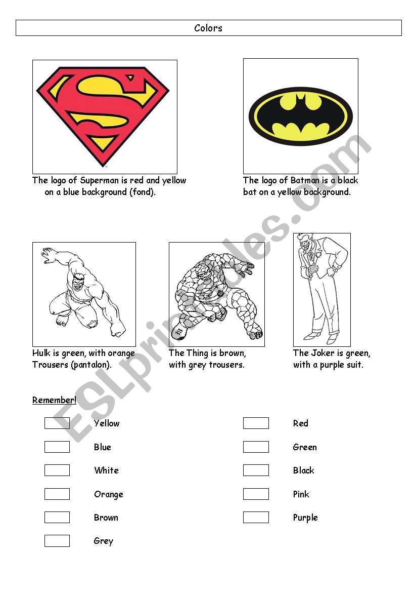 Colors superheros worksheet