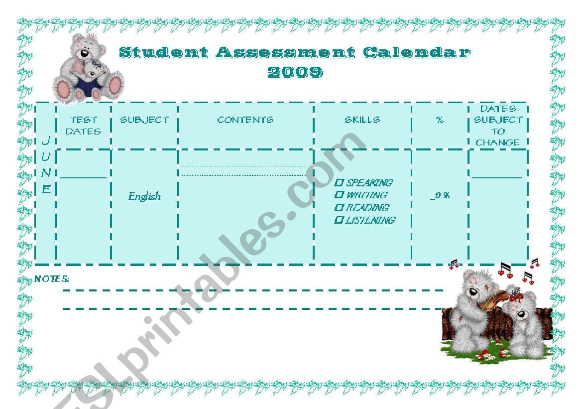 Student Assessment Calendar 2009 - June (6/12)