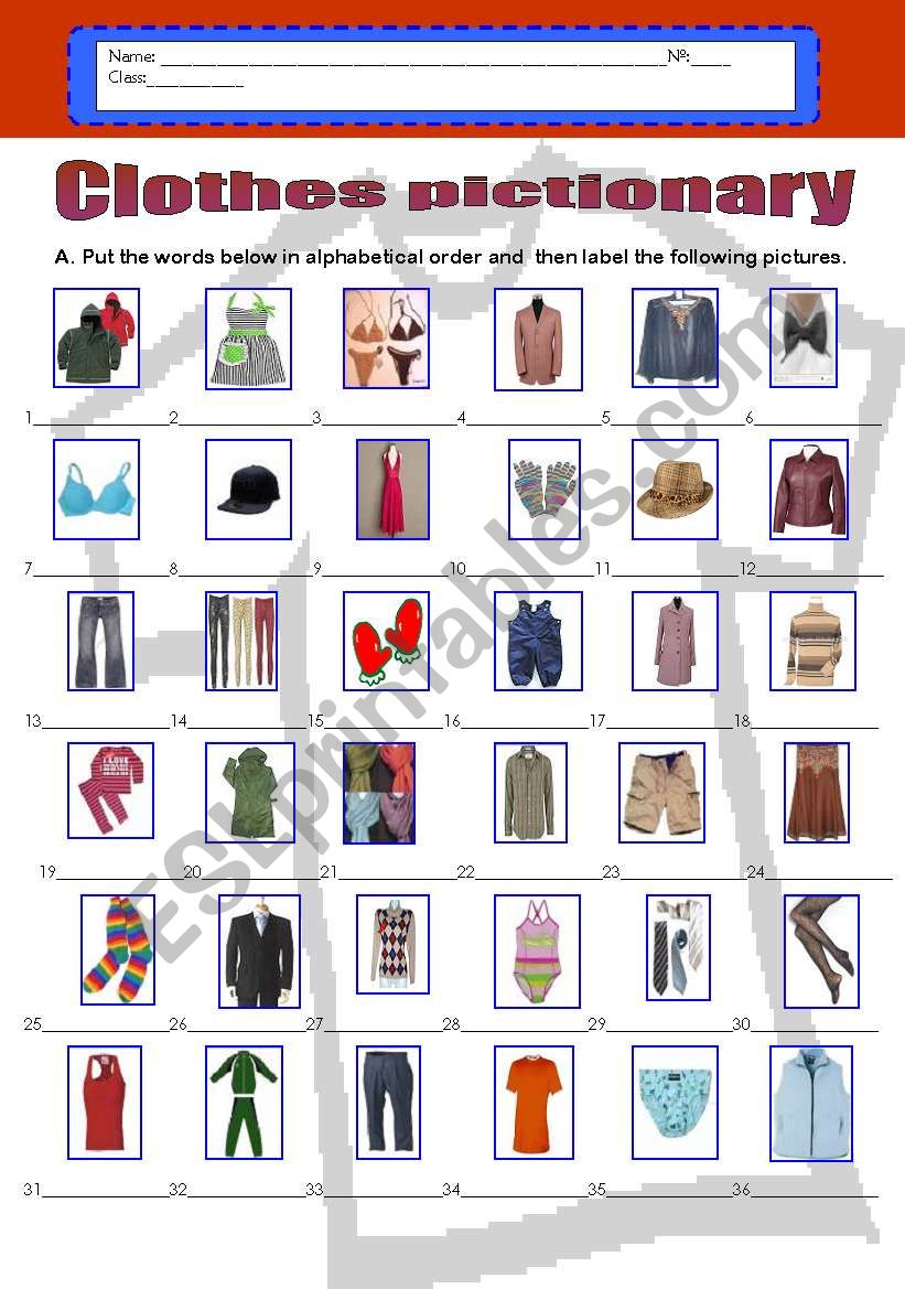 Clothes pictionary - (36 words) in alphabetical order. 