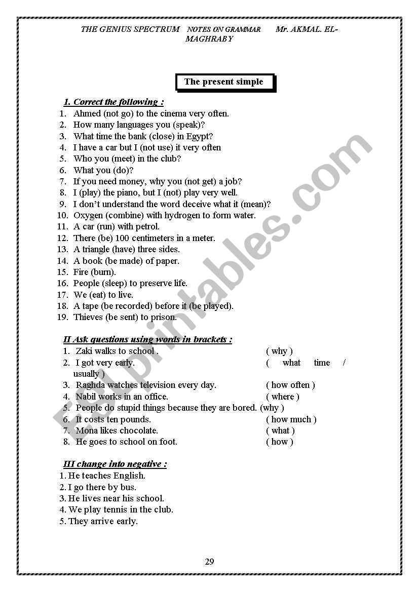 Grammer Excersises worksheet