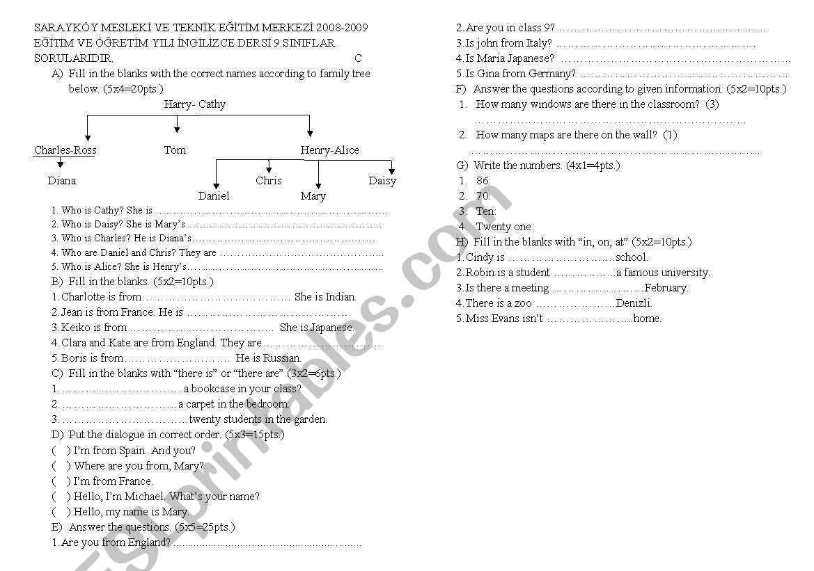 examination worksheet