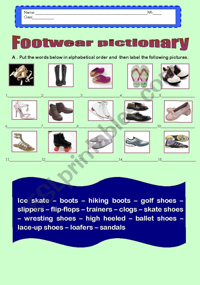 Footwear pictionary (15 words) in alphabetical order.