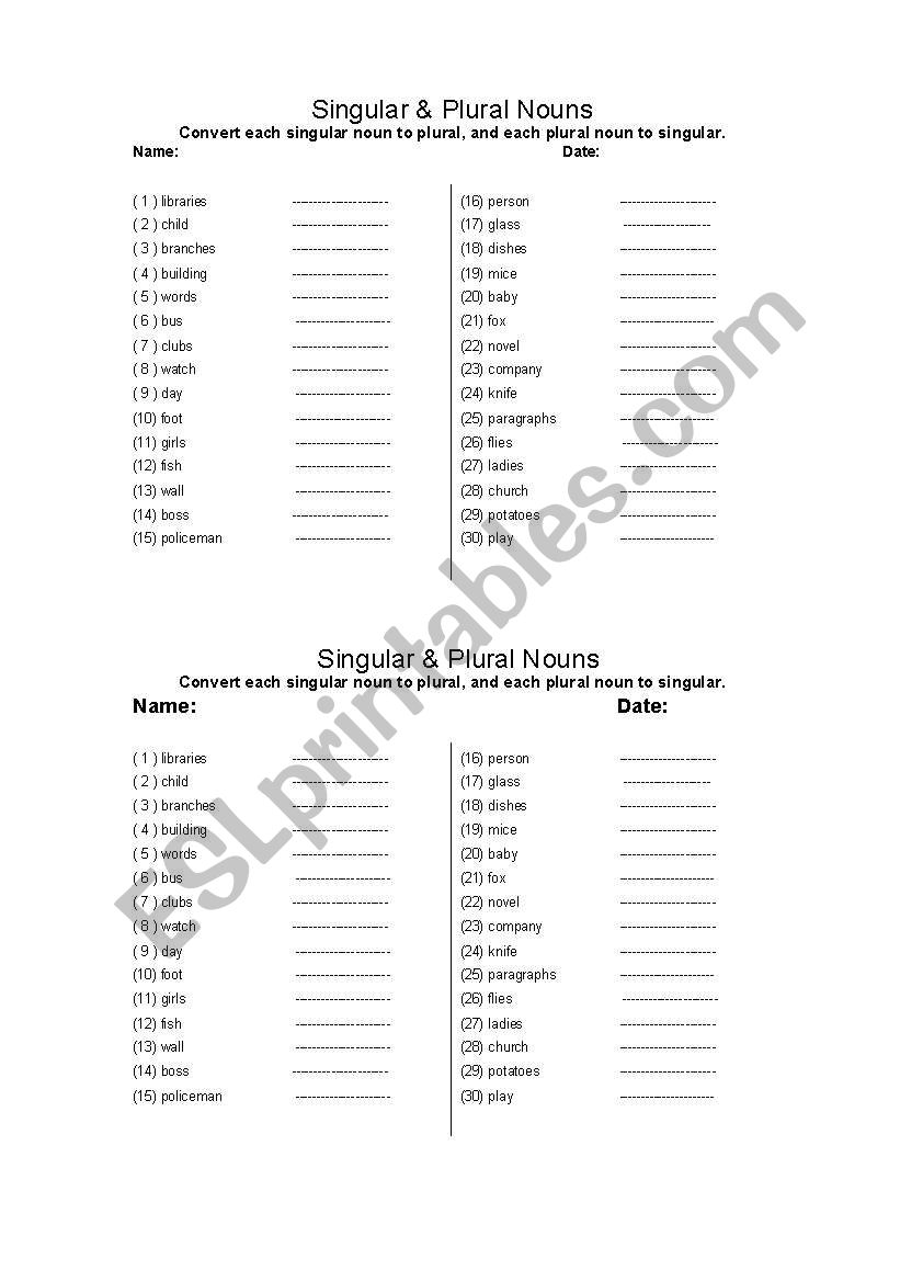 Singular and plural nouns worksheet