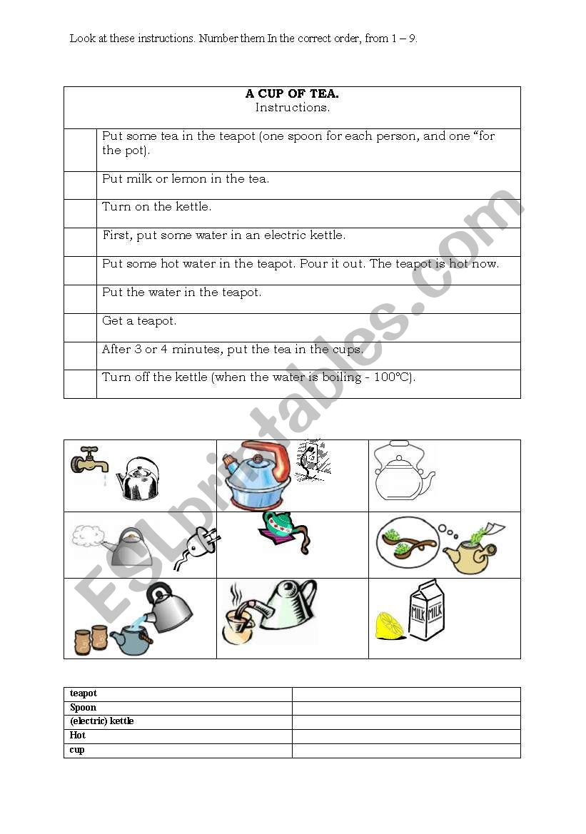 Serving a tea worksheet