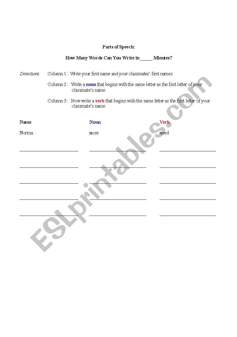 Parts of Speech Game worksheet