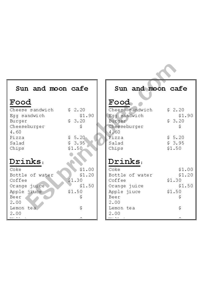 menu  worksheet