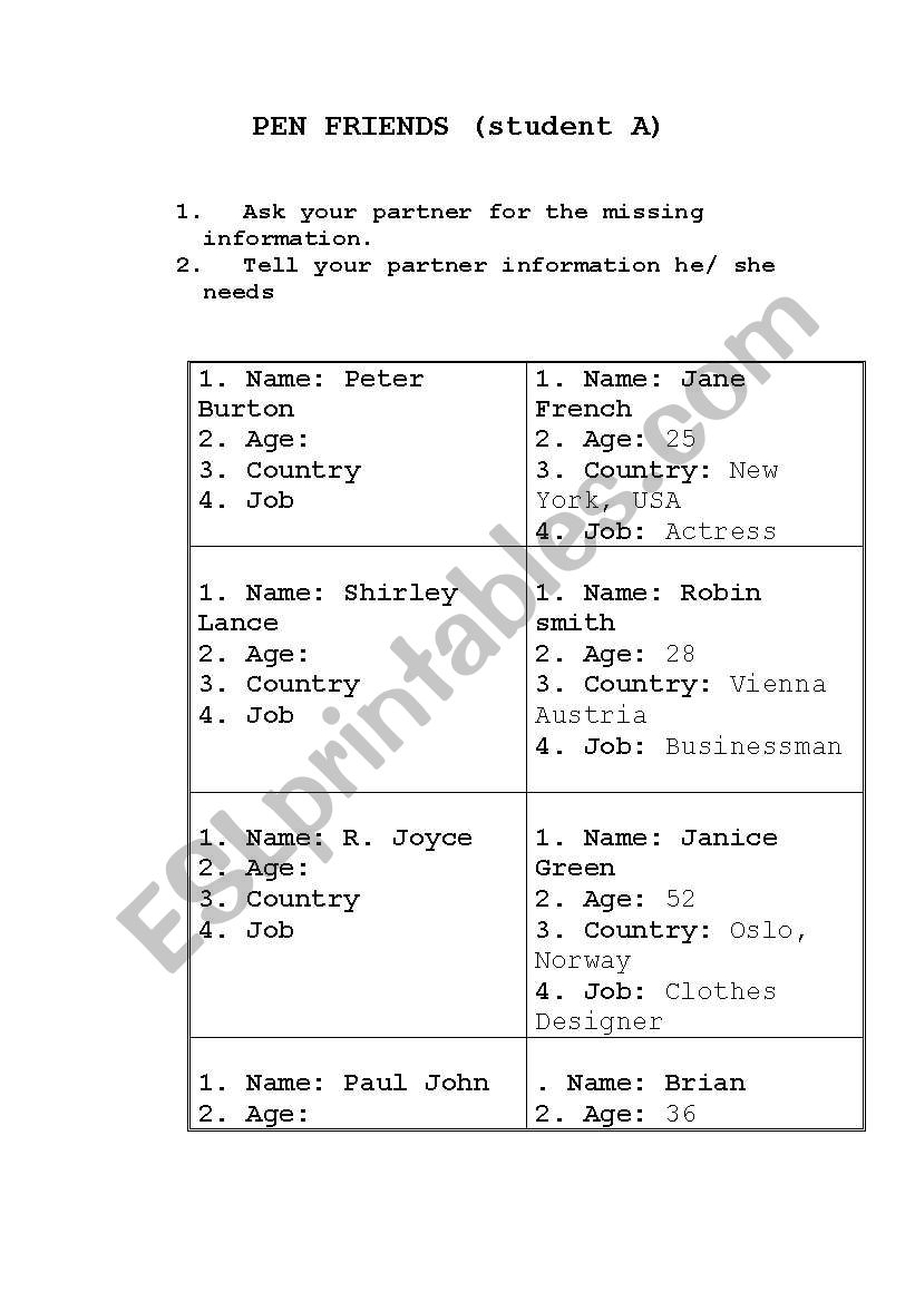 asking information worksheet